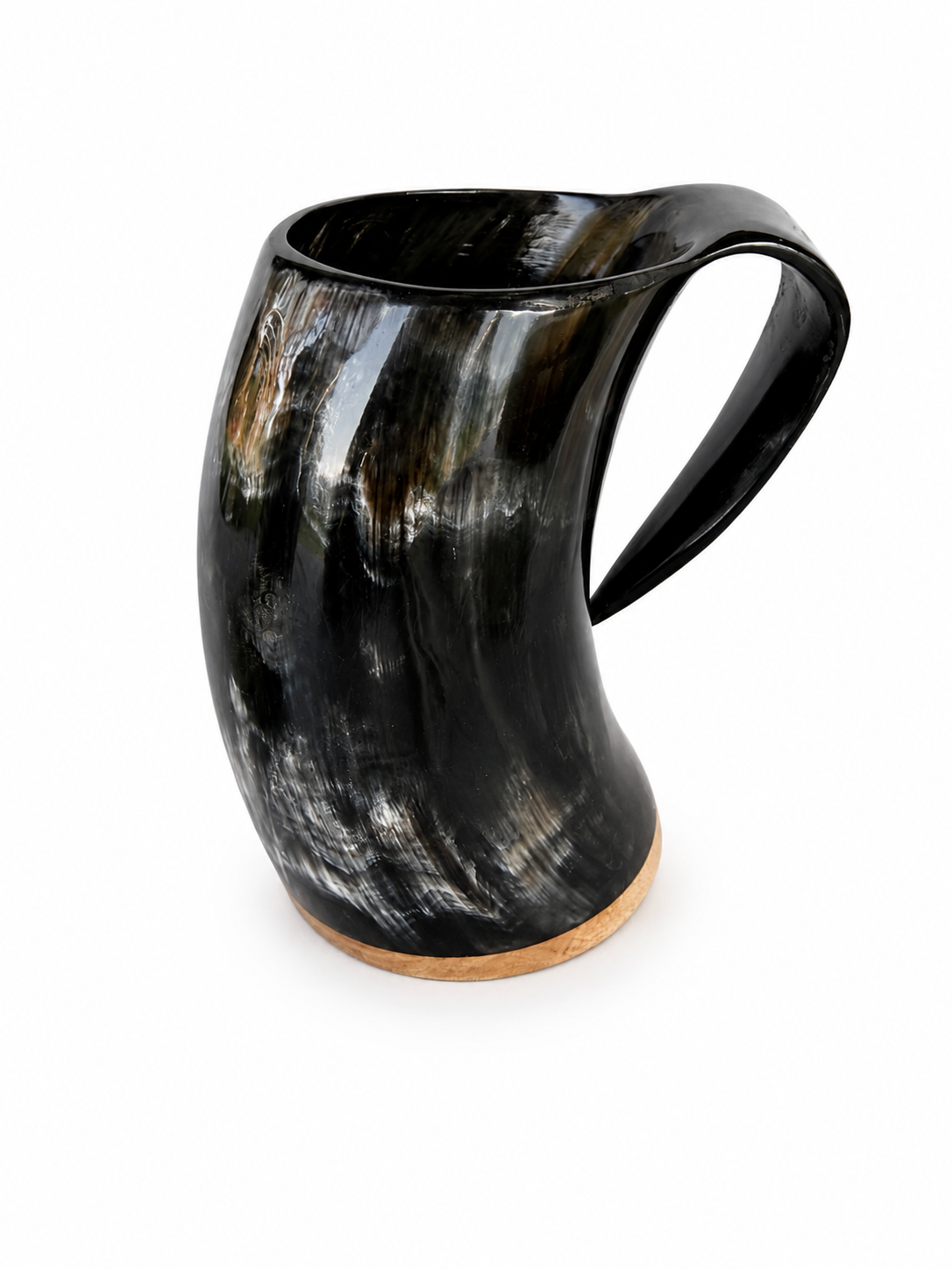 A horn-shaped mug with a glossy black and brown marbled pattern, featuring a curved handle and a natural tan base, shown on a plain white background.