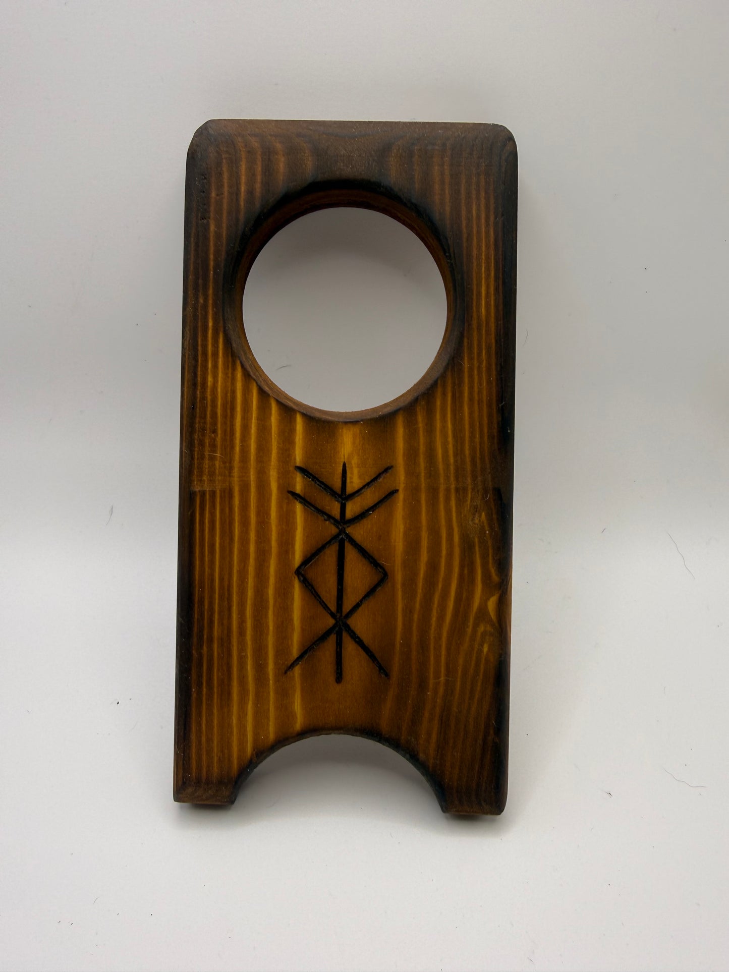 Small Wooden Drinking Horn Stand with Hand-Burned Runes