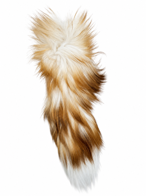 A fluffy fox tail, featuring a mix of white, tan, and brown colors, isolated on a white background.