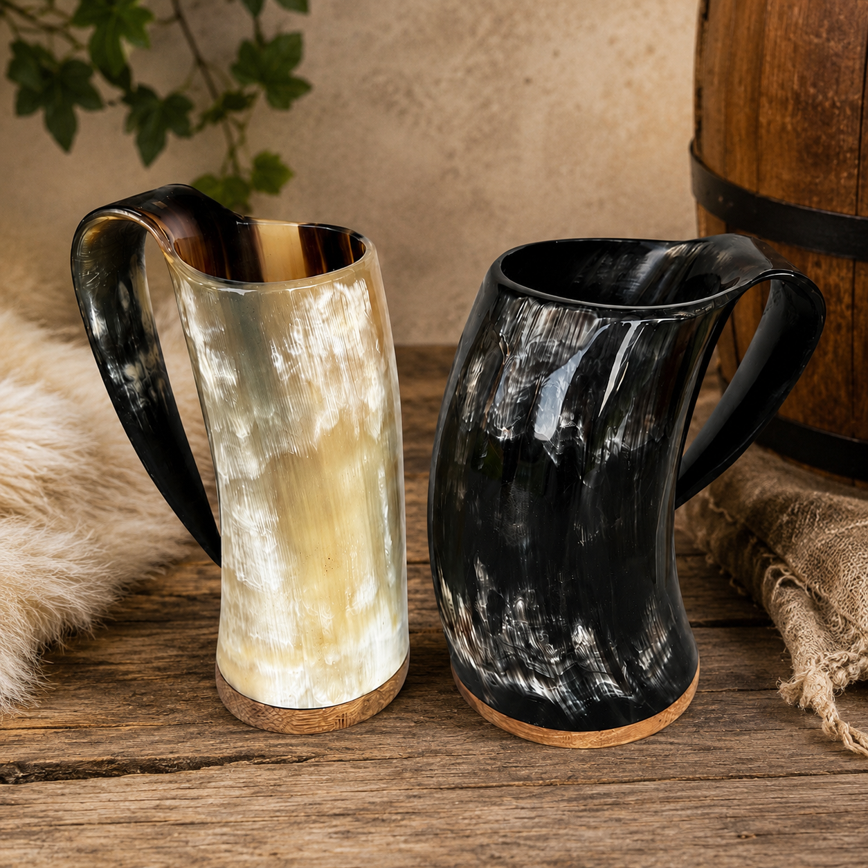 Two natural horn mugs on a wooden table