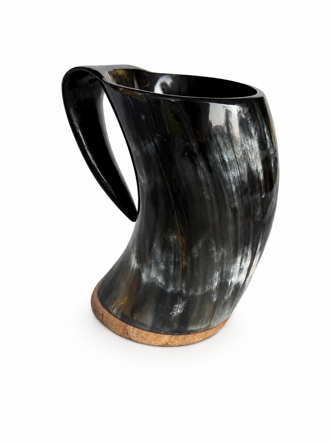 A curved horn-shaped mug with a glossy black finish and natural brown variation, featuring a curved handle and a cork-like base, shown on a white background.