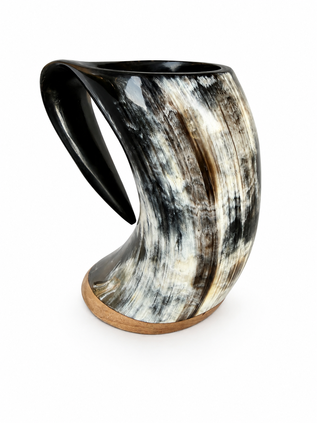 A horn-shaped mug with a curved handle, featuring a marbled pattern of black, white, and brown tones, with a light wood base, shown on a white background.