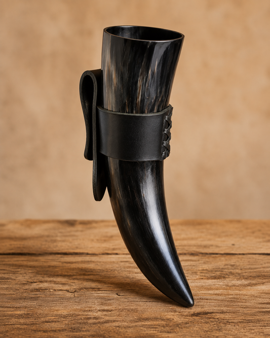 Large Drinking Horn with Leather Belt Frog