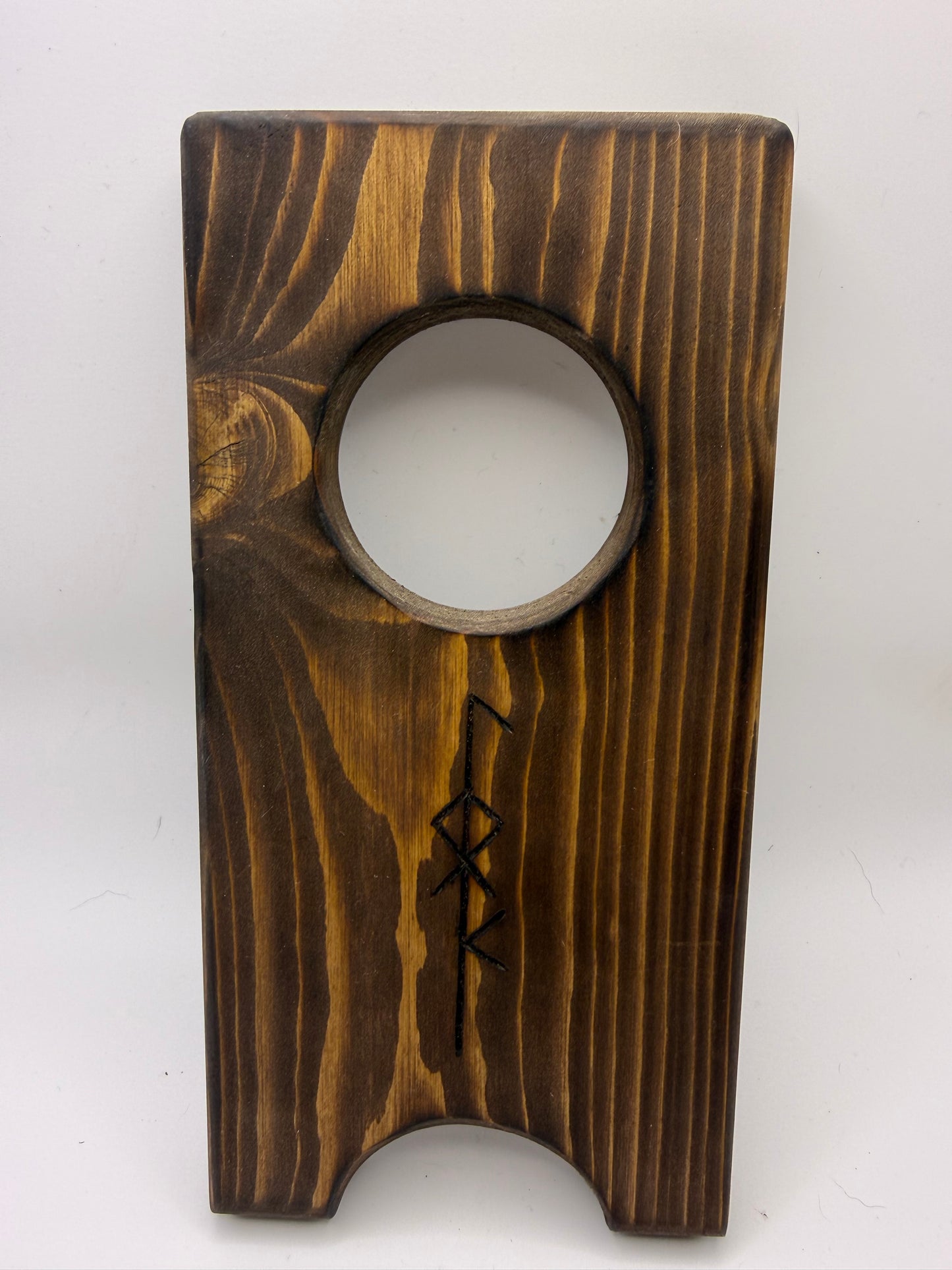 Large Wooden Drinking Horn Stand with Hand-Burned Runes