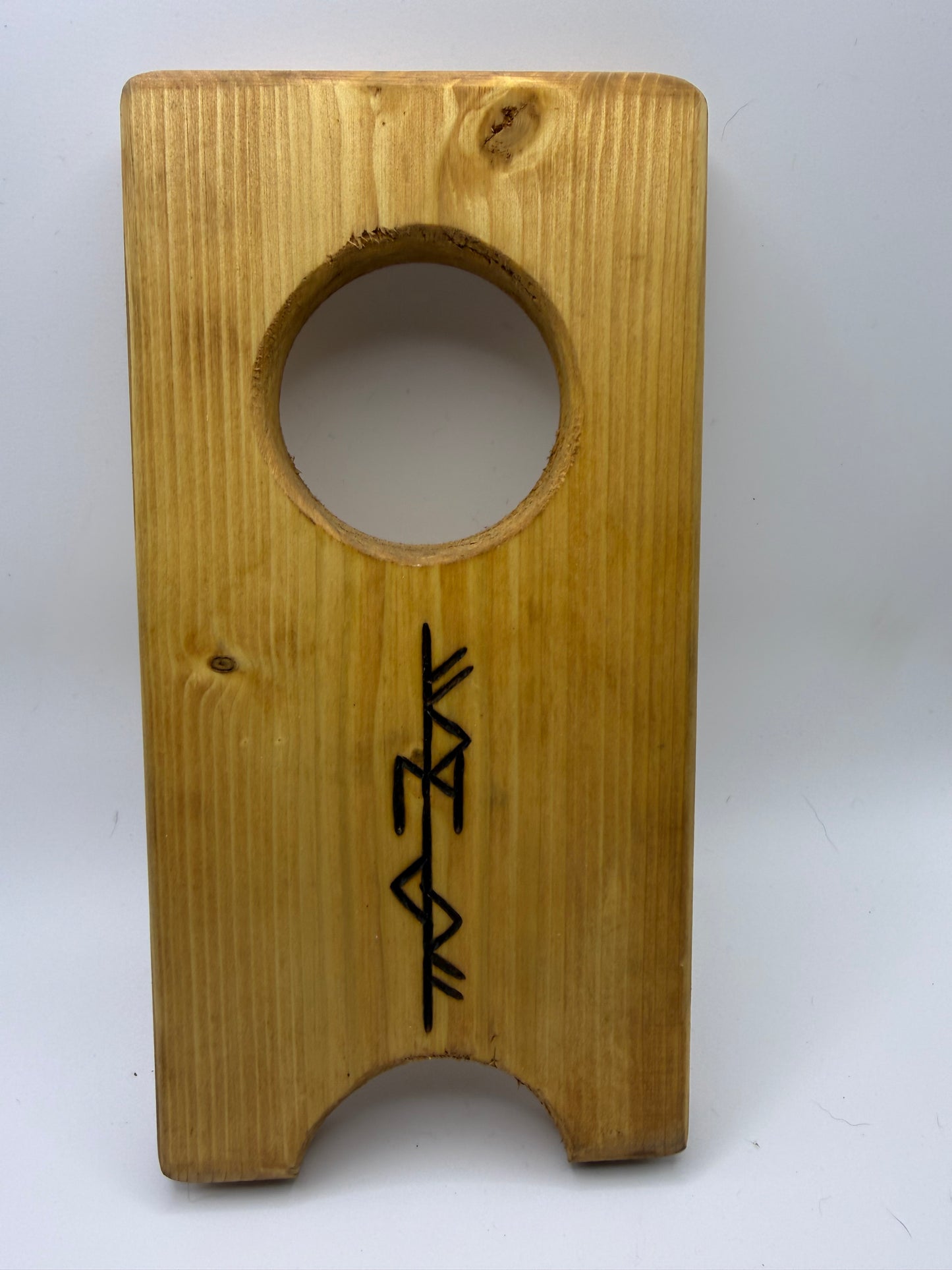 Large Wooden Drinking Horn Stand with Hand-Burned Runes