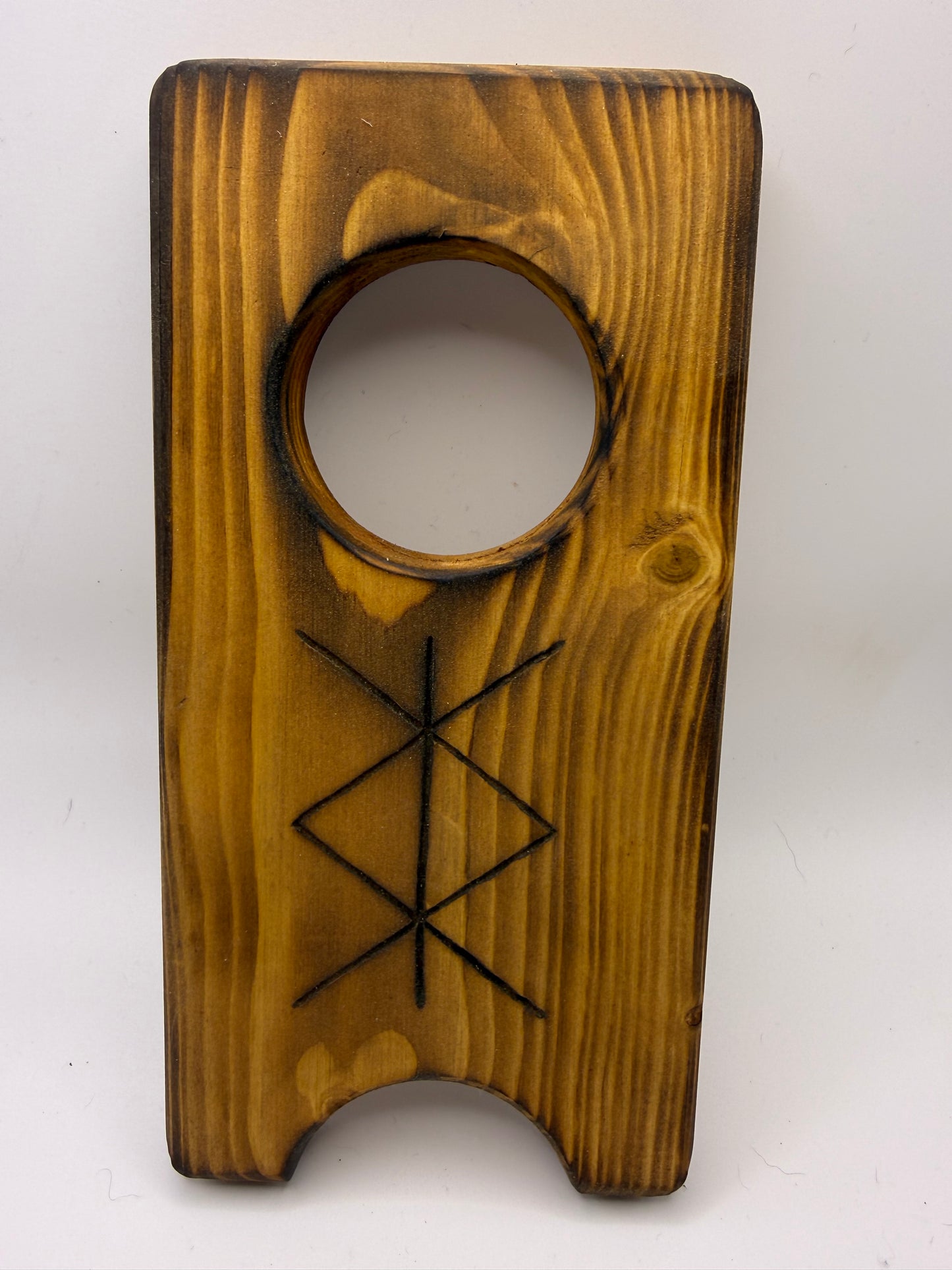 Large Wooden Drinking Horn Stand with Hand-Burned Runes