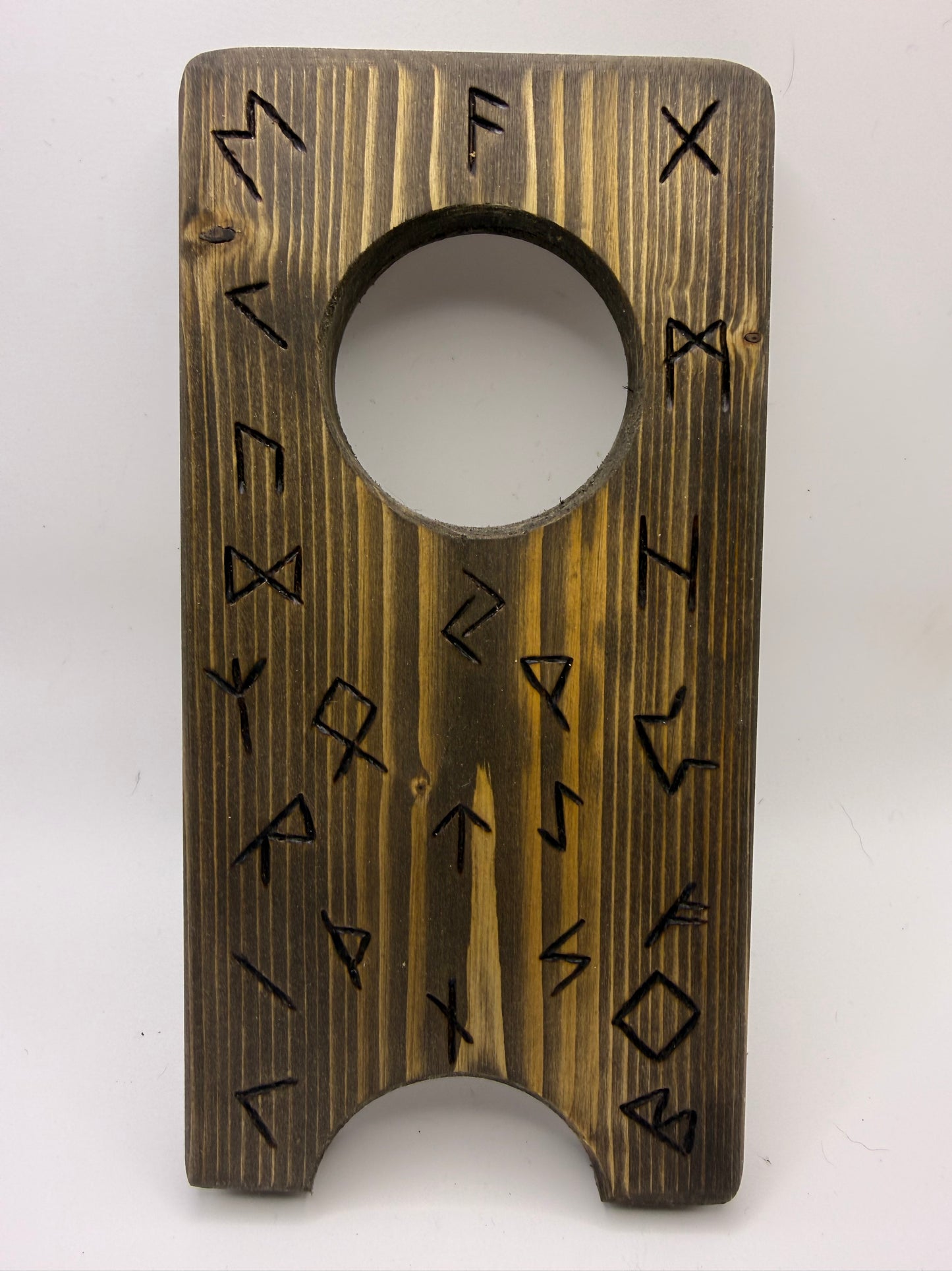 Large Wooden Drinking Horn Stand with Hand-Burned Runes