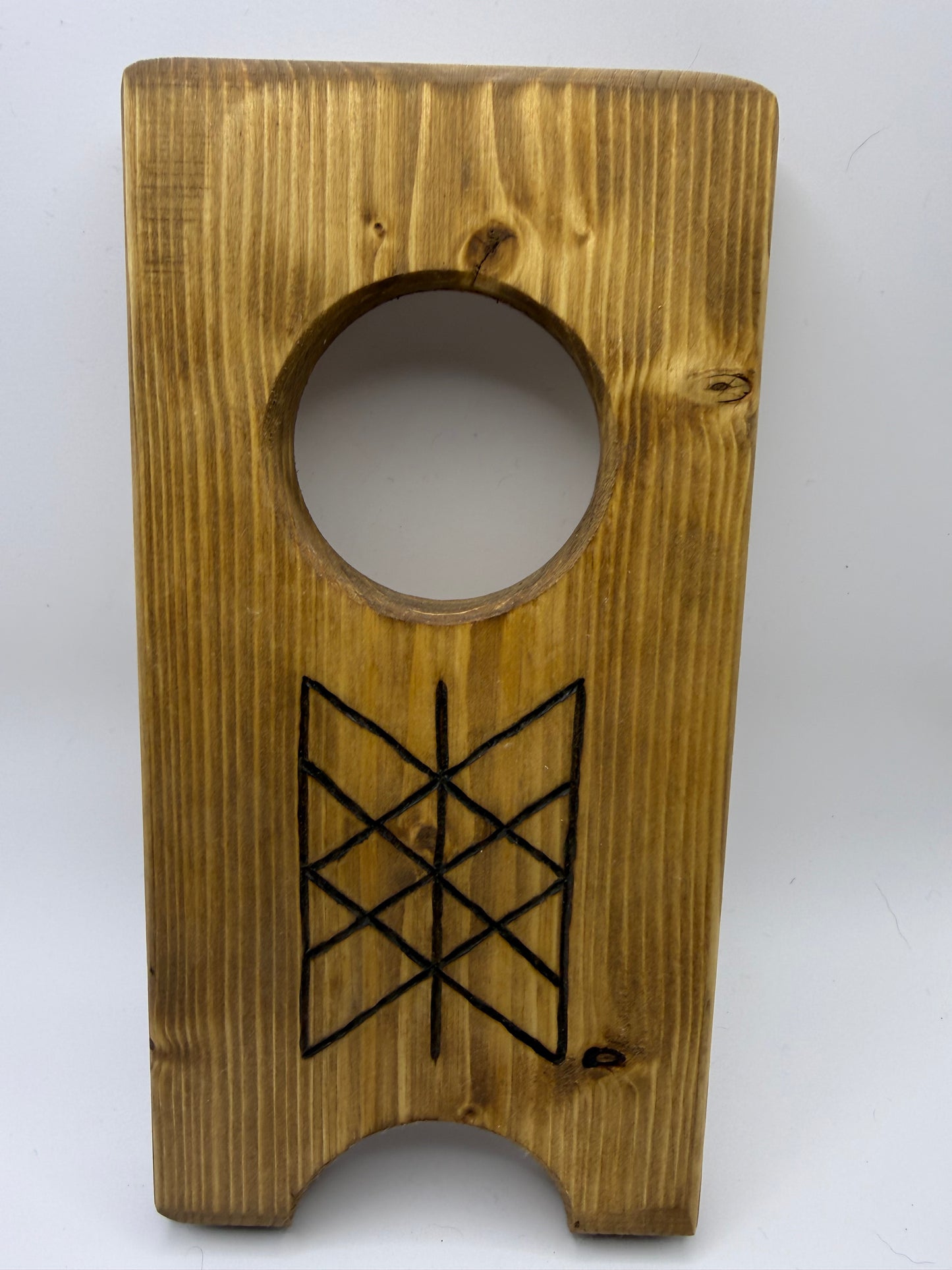 Large Wooden Drinking Horn Stand with Hand-Burned Runes