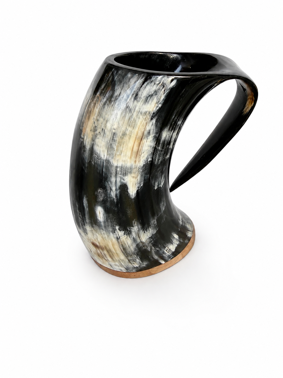A horn-shaped mug with a glossy black handle and base, featuring a marbled pattern of black, white, and beige on the body, set against a plain white background.
