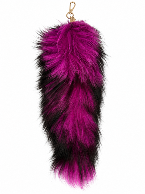A fluffy fox fur keychain or bag charm with a vibrant magenta pink and black ombre gradient, finished with a gold-tone lobster clasp at the top, shown against a plain white background.