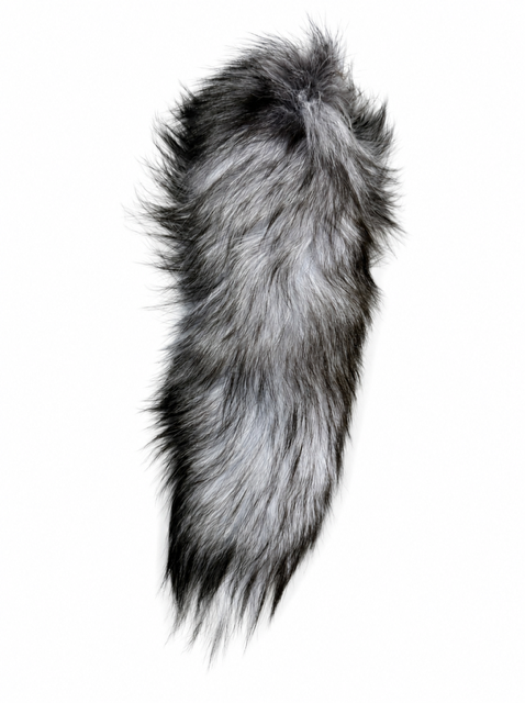 A long, fluffy fox tail piece in mixed gray, black, and white tones, isolated on a plain white background.