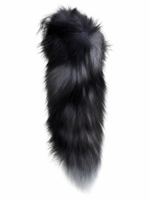 A long, fluffy fox-fur tail accessory in black and dark gray, shown upright against a plain white background.