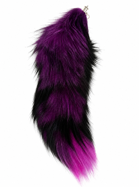 A long, fluffy fox fur accessory with a color-blocked pattern of purple, black, and bright magenta pink, shown against a plain white background.